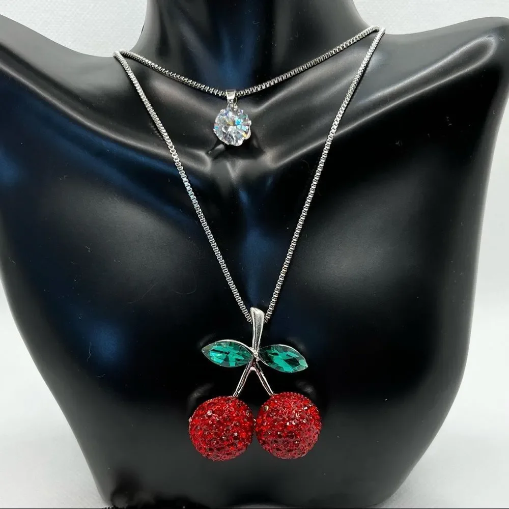 NECKLACE! Betsey Johnson Double Pendant Cherry Gemstone Necklace BNWT - Picture 2 of 5